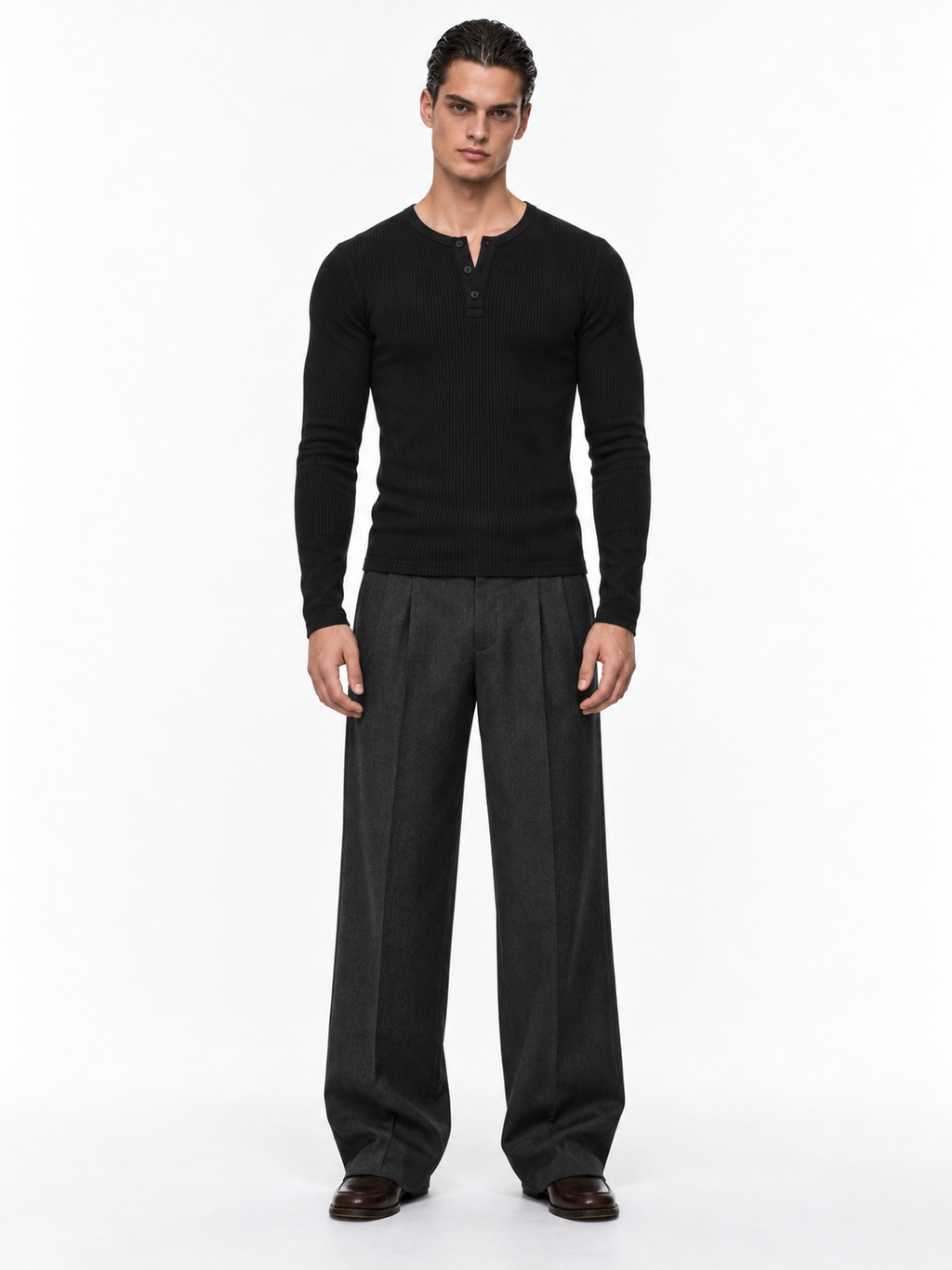 STOLCH Ribbed Henley in Black — front