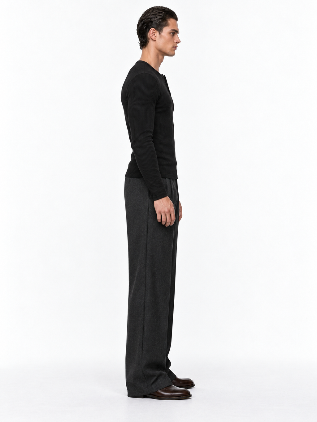 STOLCH Ribbed Henley in Black — side