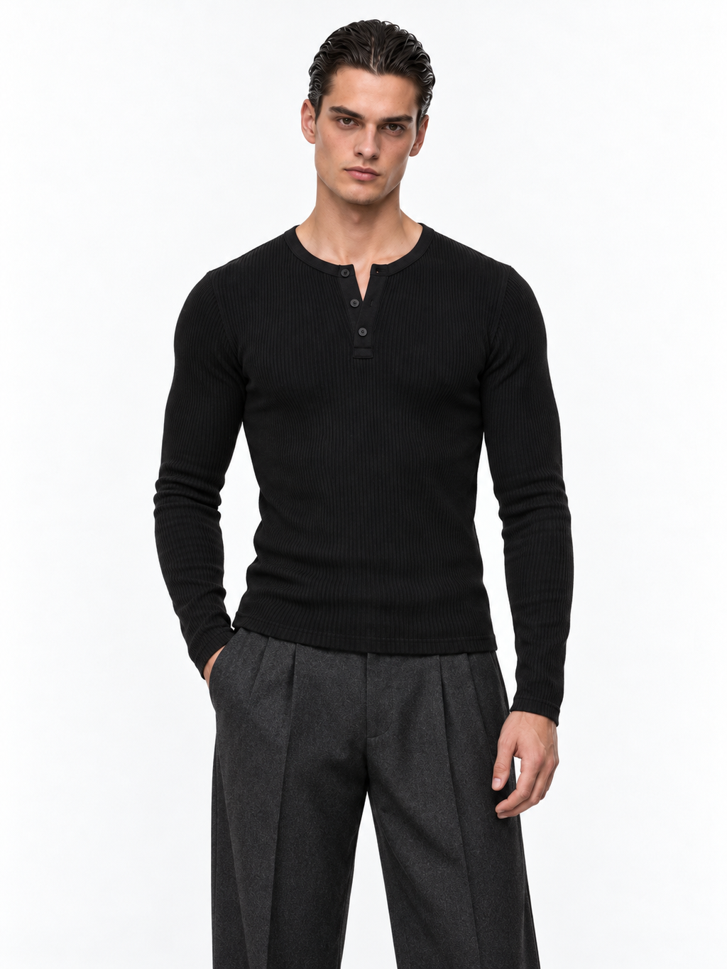 STOLCH Ribbed Henley in Black — variation