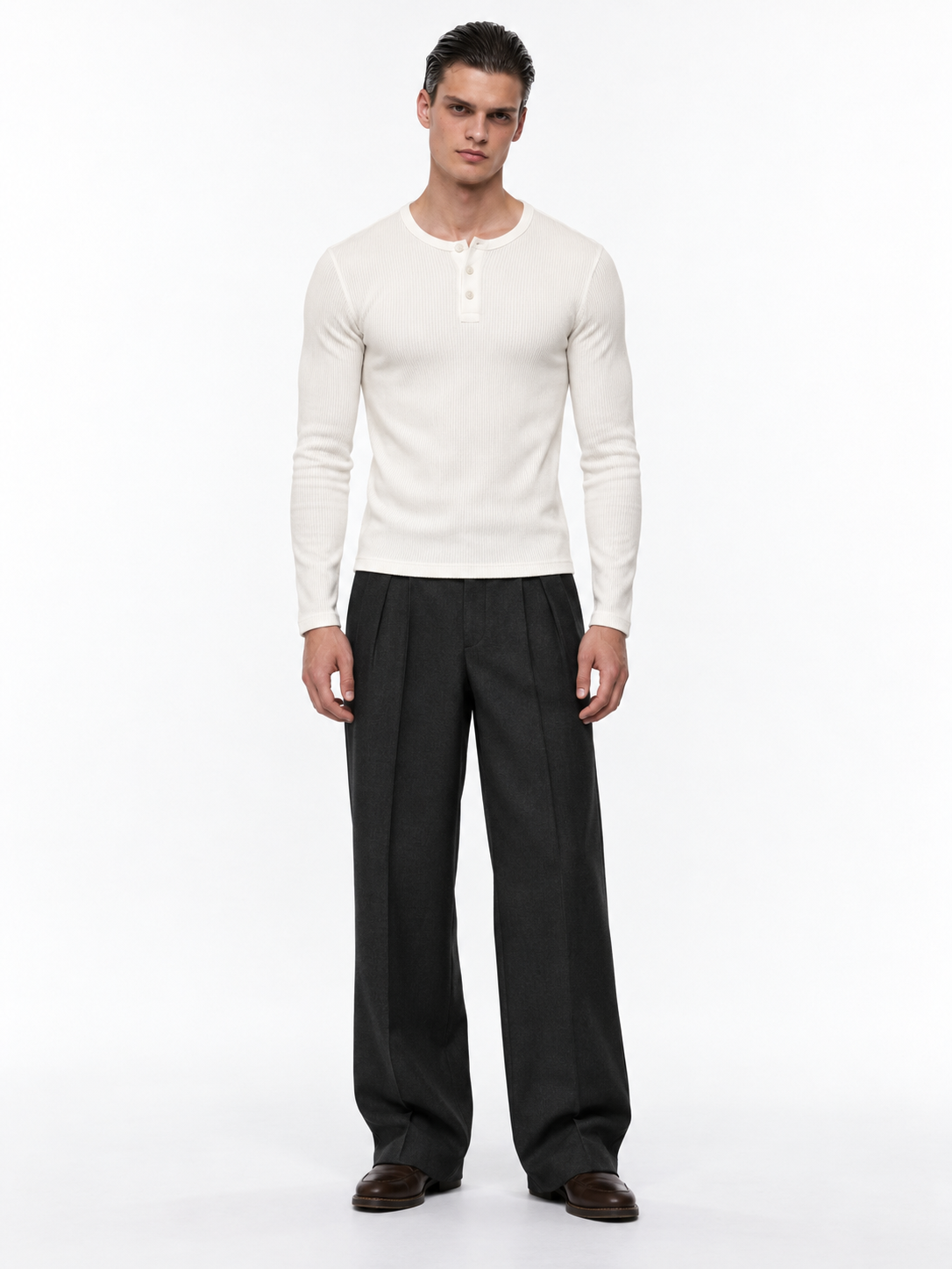 STOLCH Ribbed Henley in Off White — front
