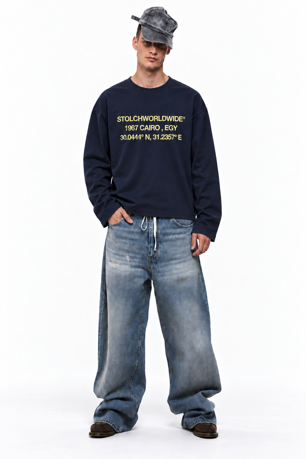 STOLCH 1967 Cairo Long Sleeve — Navy with yellow print, front