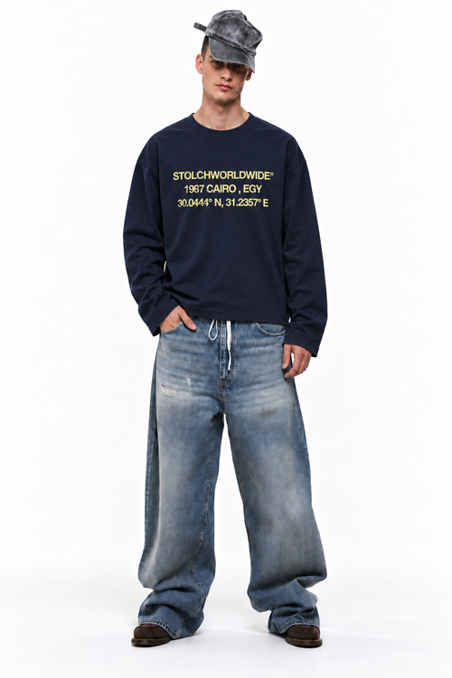 STOLCH 1967 Cairo Long Sleeve — Navy with yellow print, front