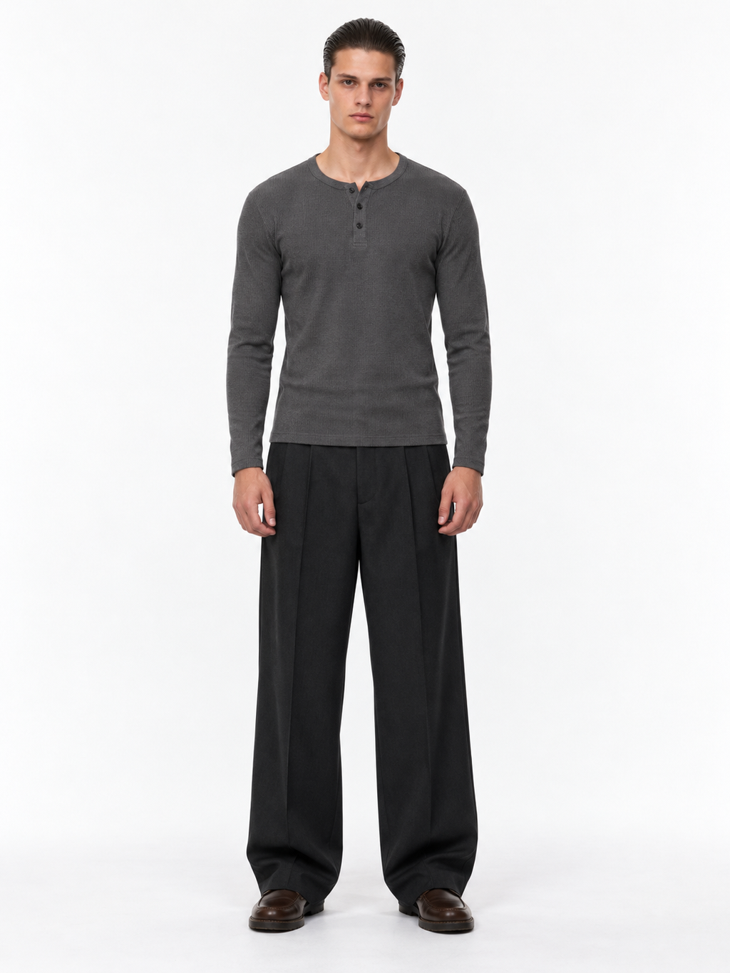 STOLCH Ribbed Henley in Dark Grey — front