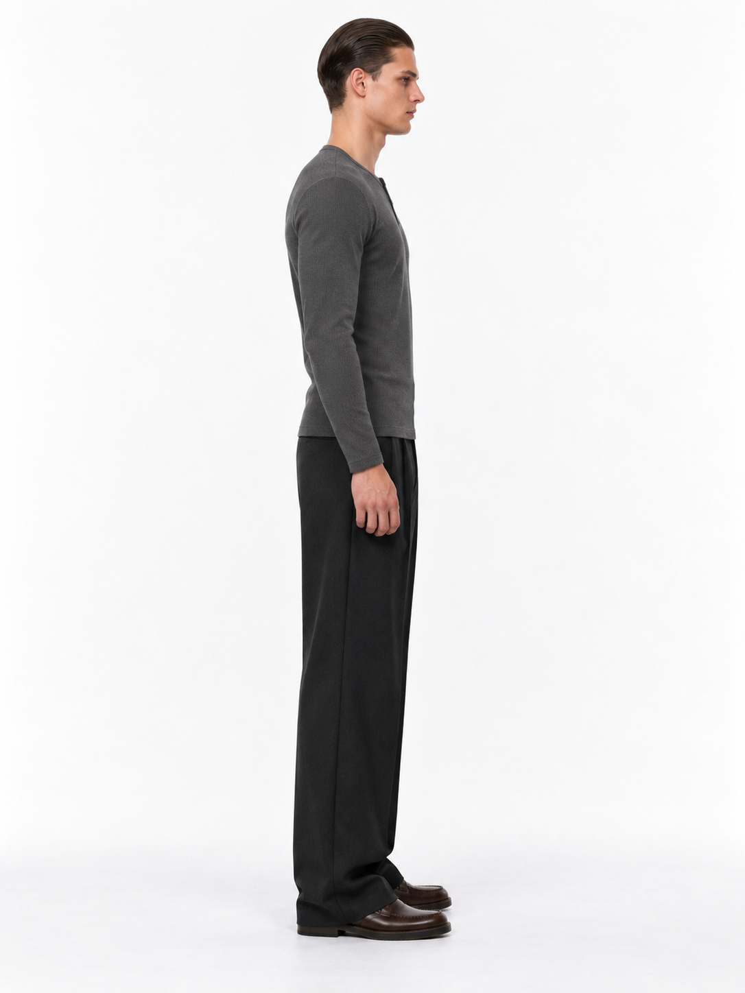 STOLCH Ribbed Henley in Dark Grey — side