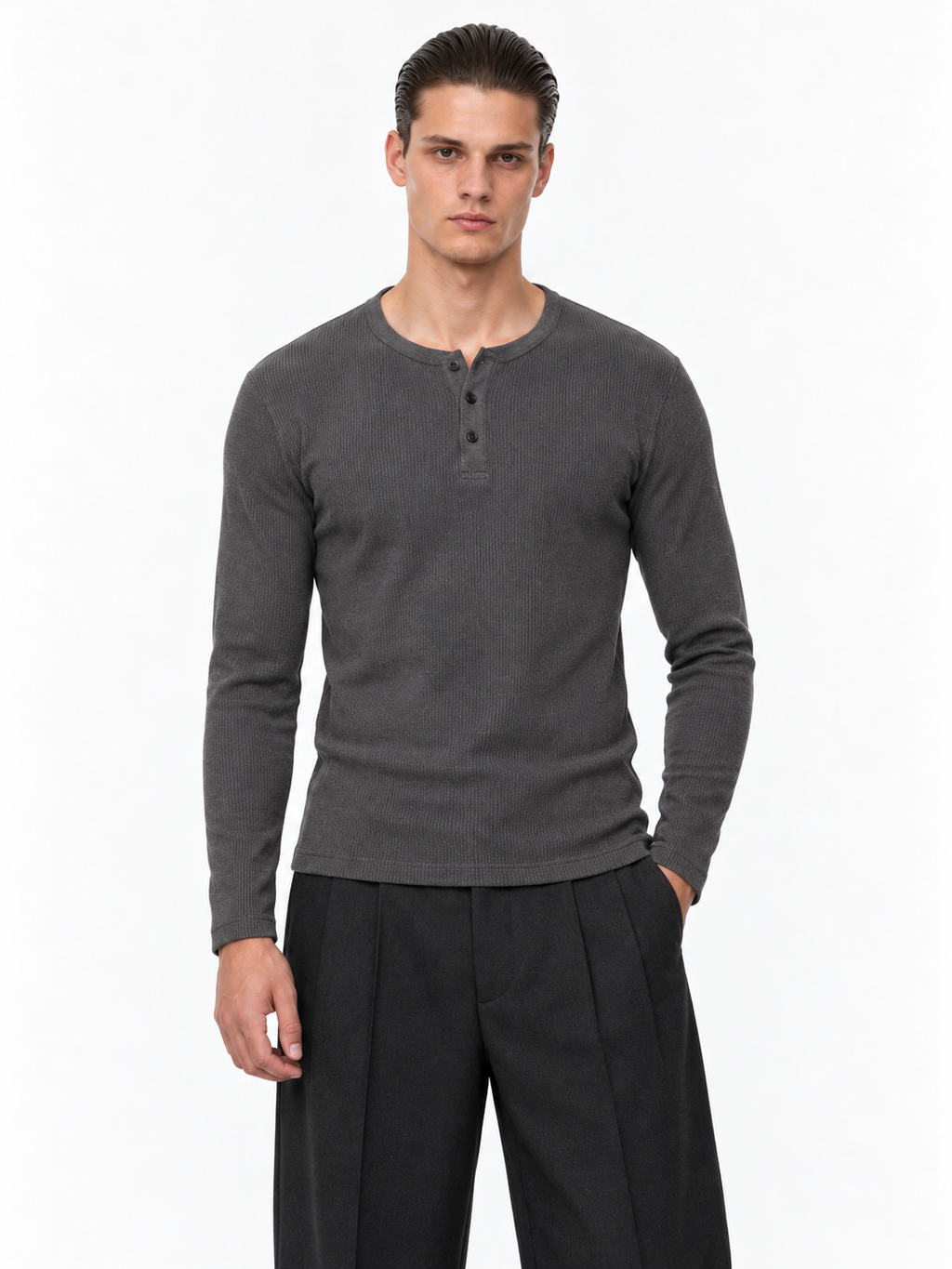 STOLCH Ribbed Henley in Dark Grey — variation