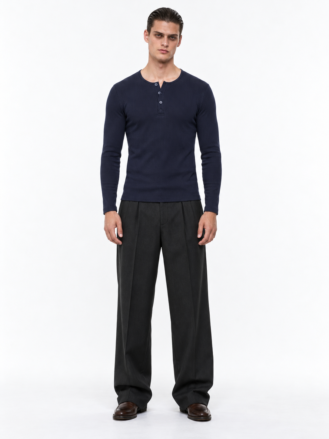 STOLCH Ribbed Henley in Dark Navy — front