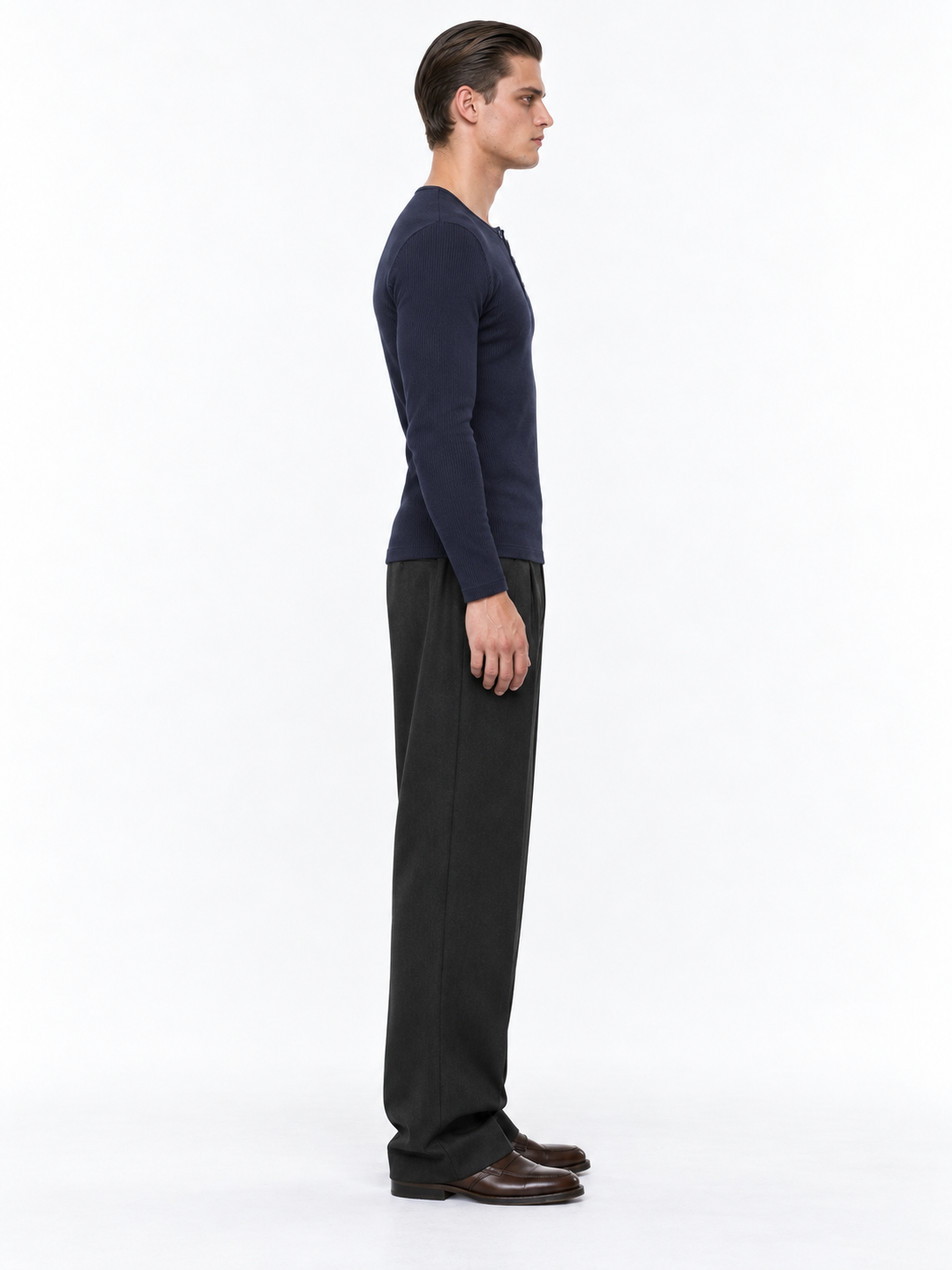 STOLCH Ribbed Henley in Dark Navy — side