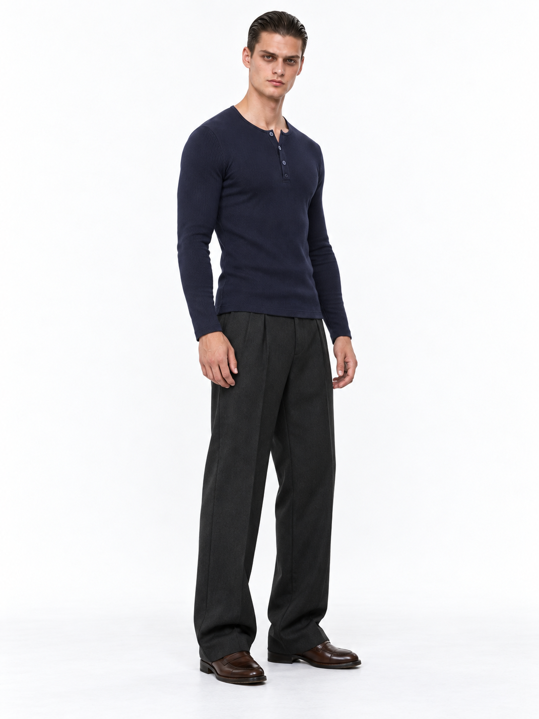 STOLCH Ribbed Henley in Dark Navy — variation
