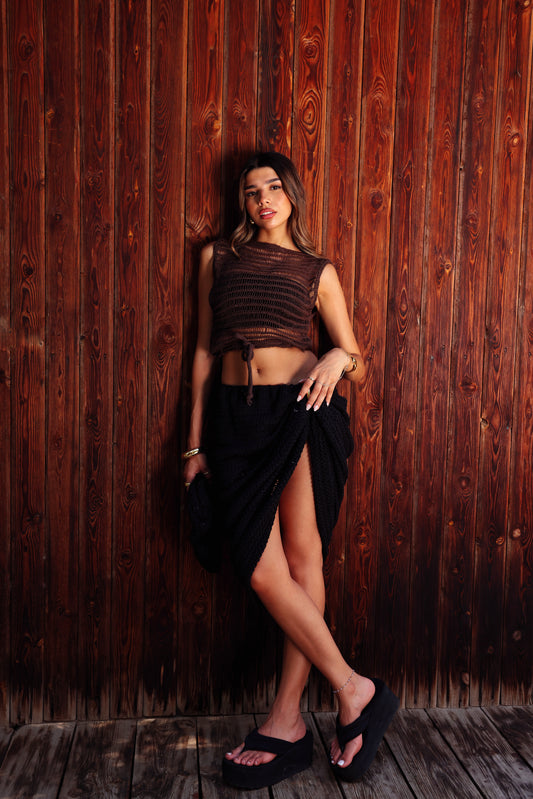 CROPPED KNITTED TOP BROWN