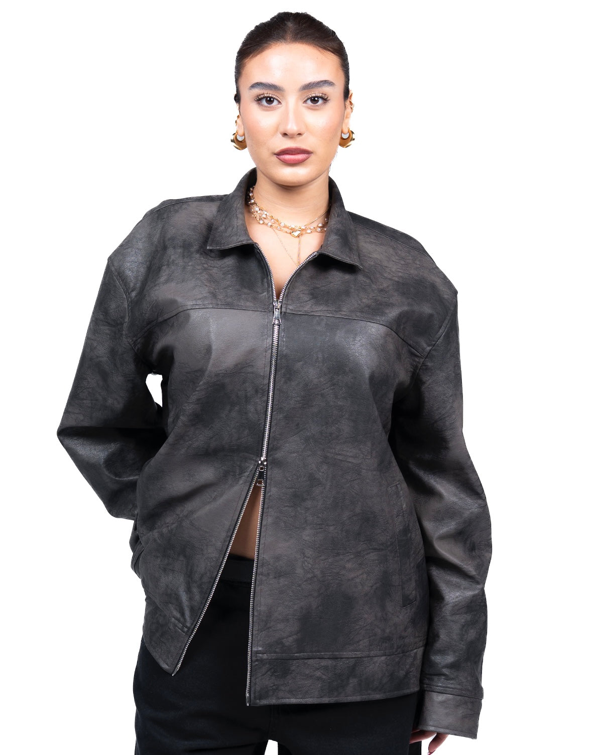 Grey washed leather jacket