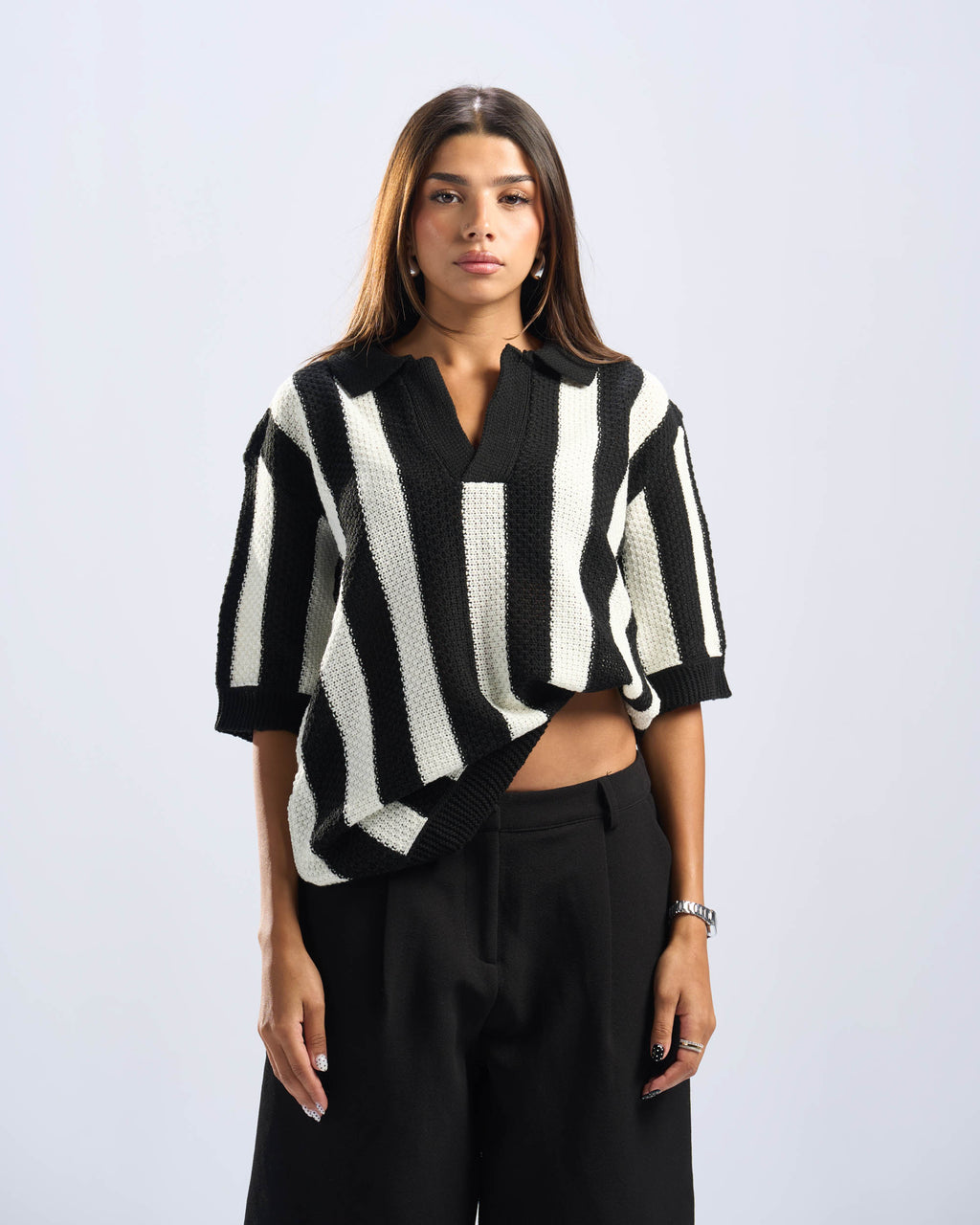 Black Stripped Polo Knitted Tee