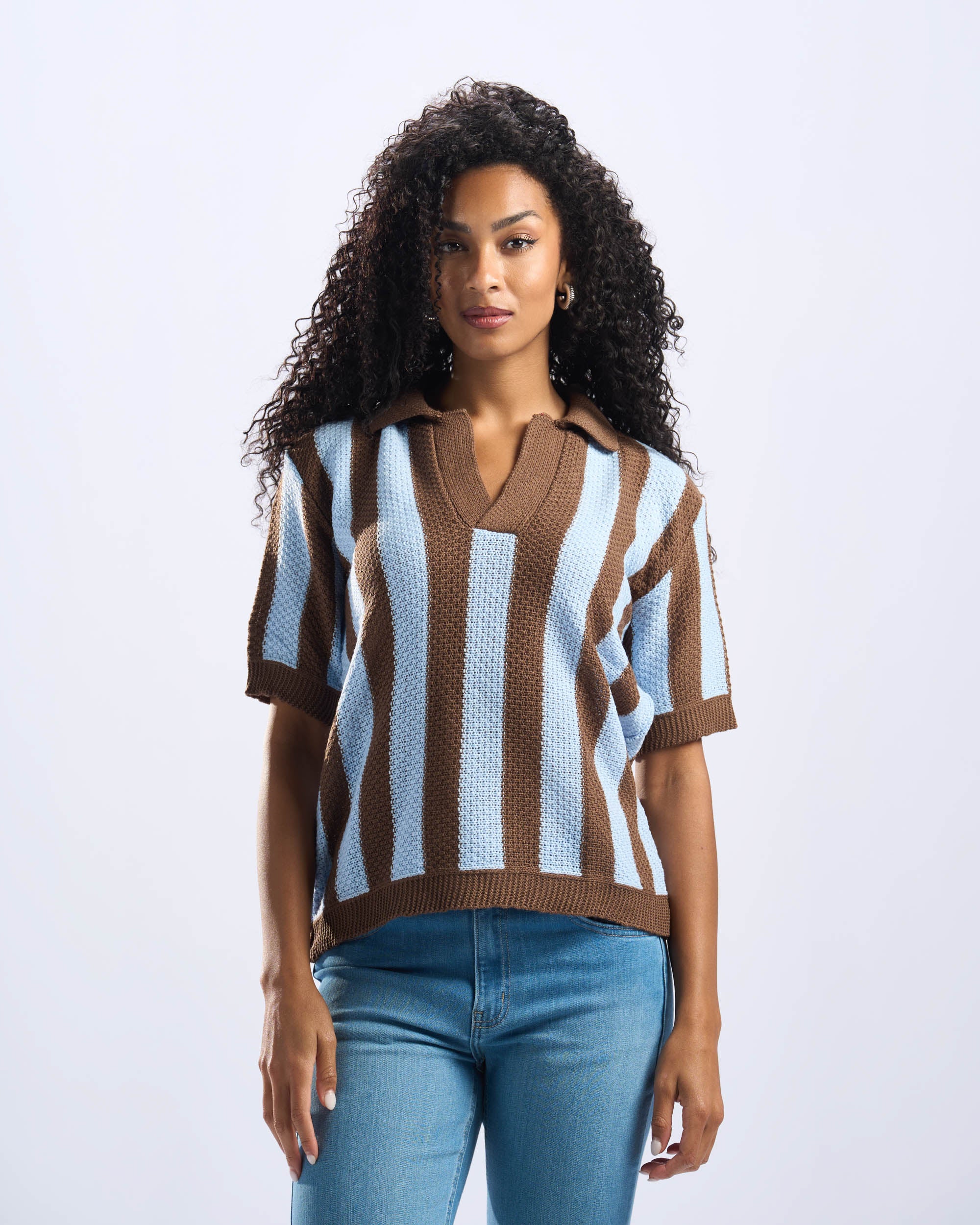 Brown x Baby Blue Stripped Polo Knitted Tee
