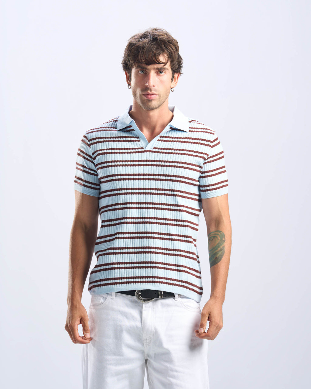 Brown x Baby Blue Stripped Cotton Polo Men