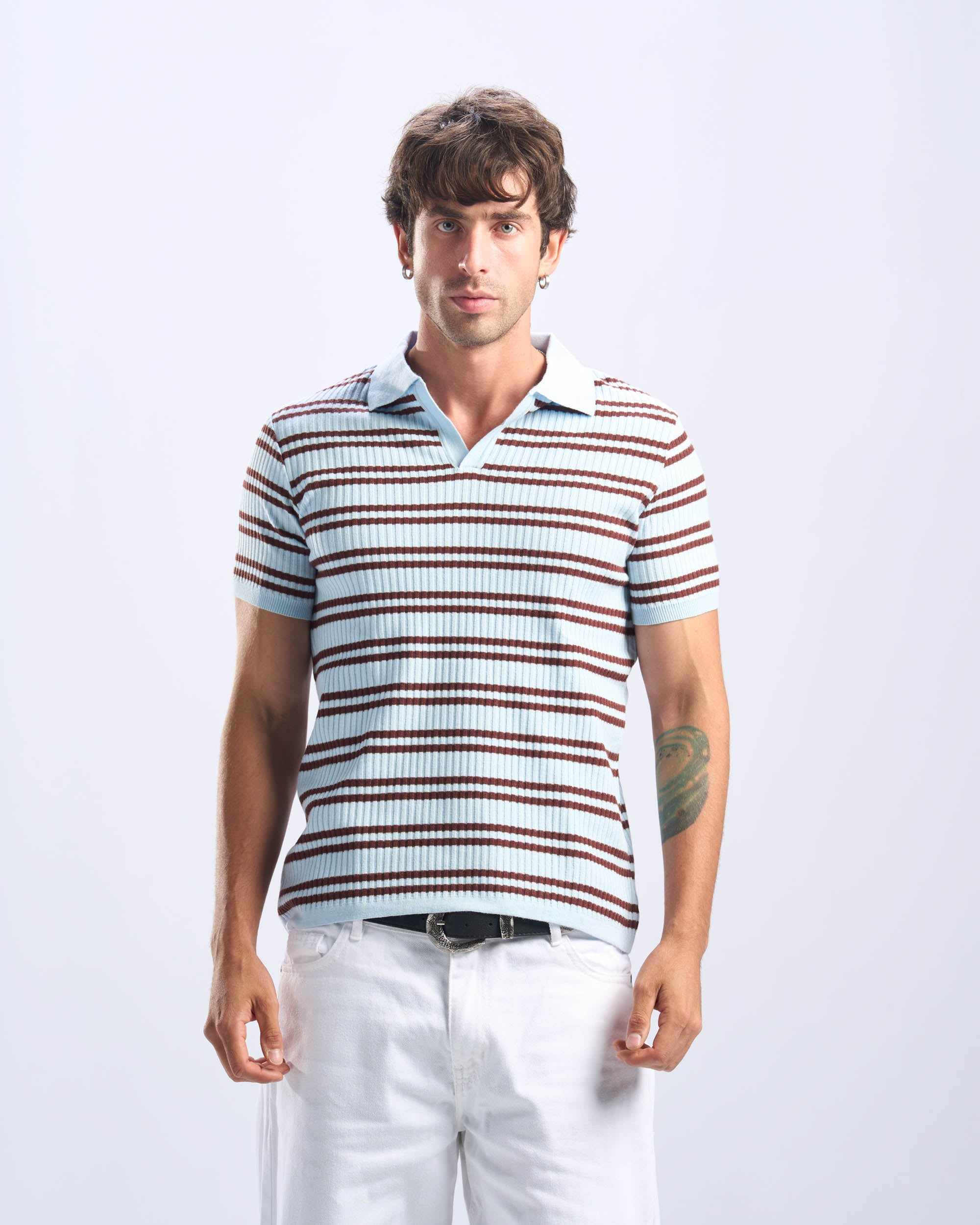 Brown x Baby Blue Stripped Cotton Polo Men