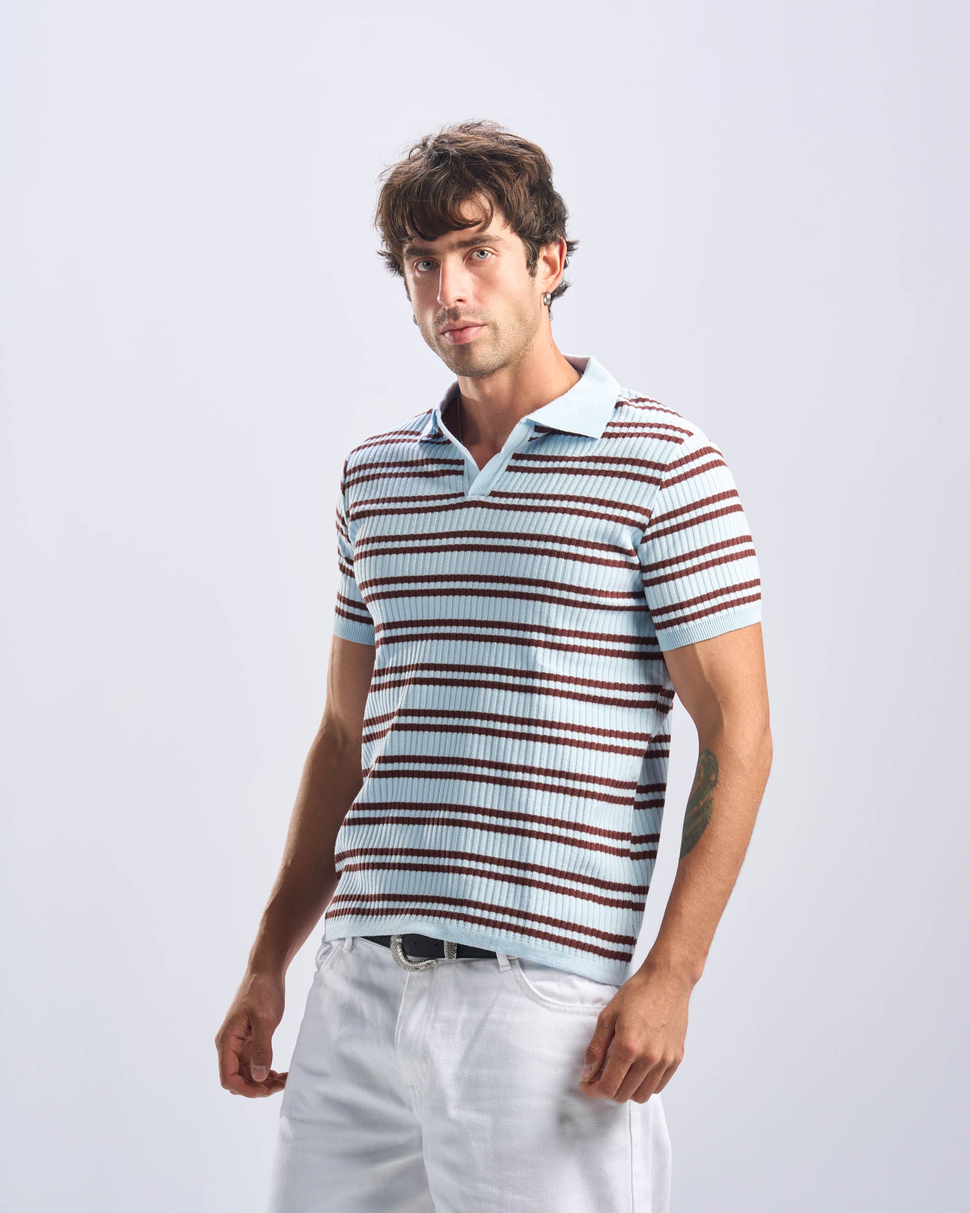 Brown x Baby Blue Stripped Cotton Polo Men