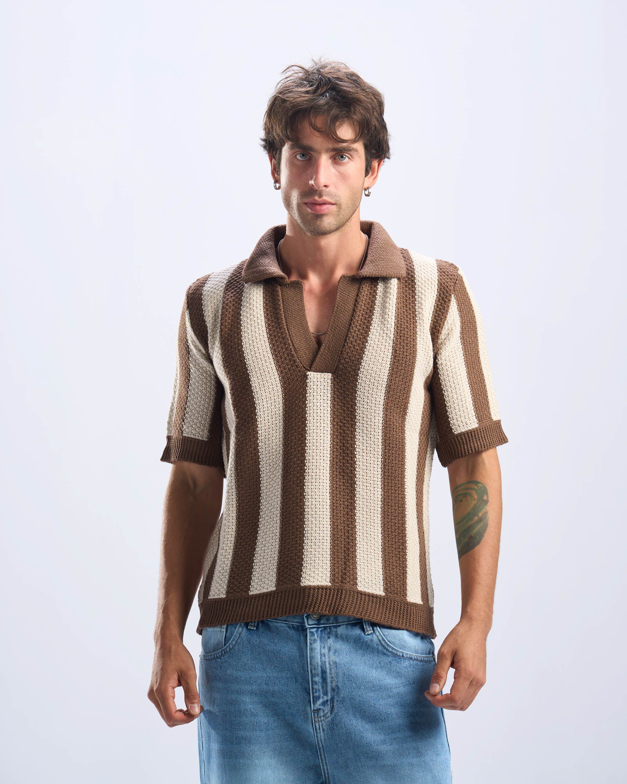 Brown x Beige Stripped Polo Knitted Tee
