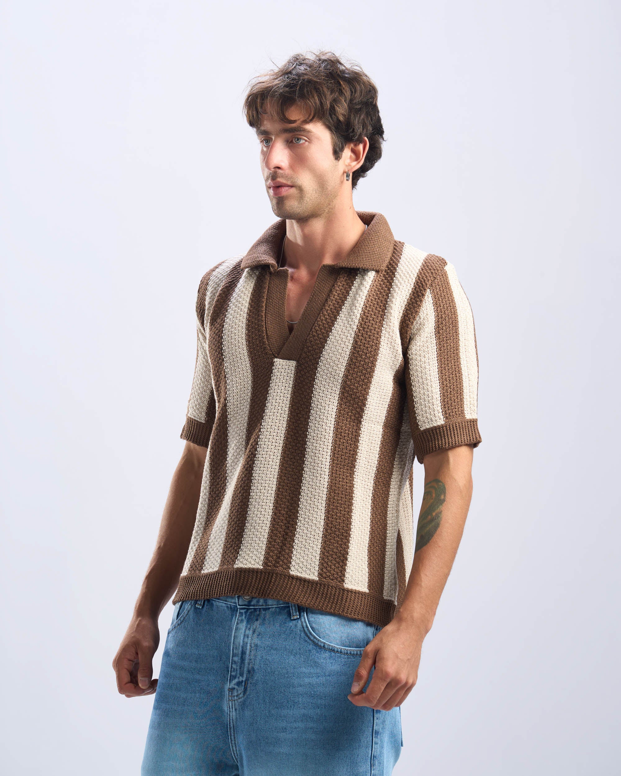 Brown x Beige Stripped Polo Knitted Tee