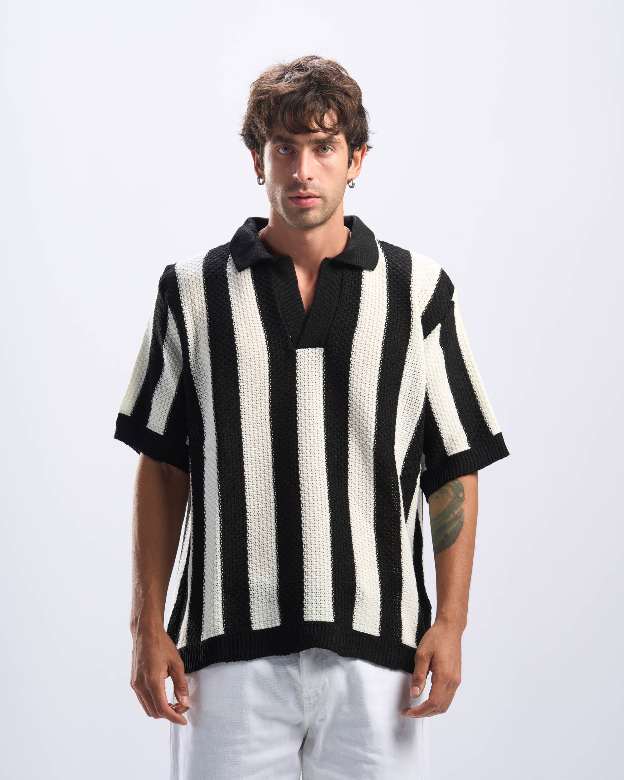 Black Stripped Polo Knitted Tee