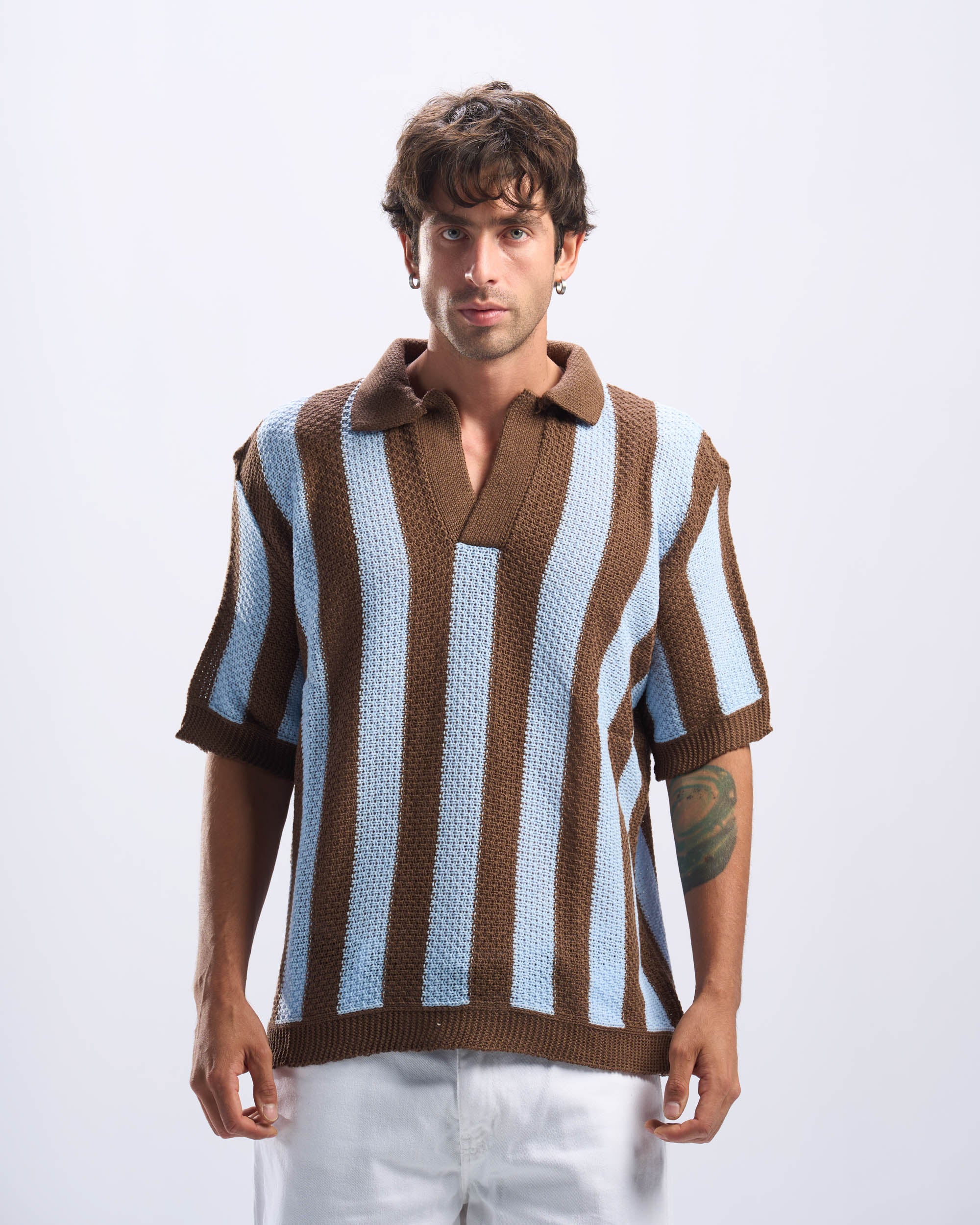 Brown x Baby Blue Stripped Polo Knitted Tee