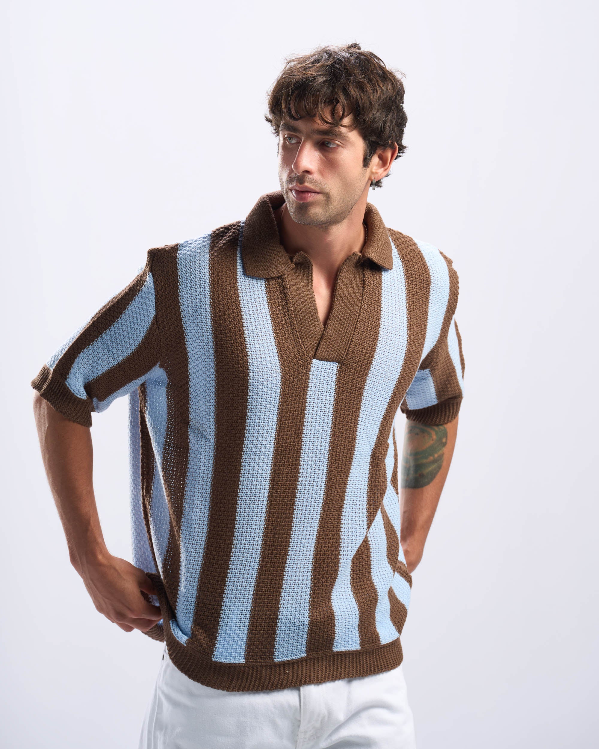 Brown x Baby Blue Stripped Polo Knitted Tee