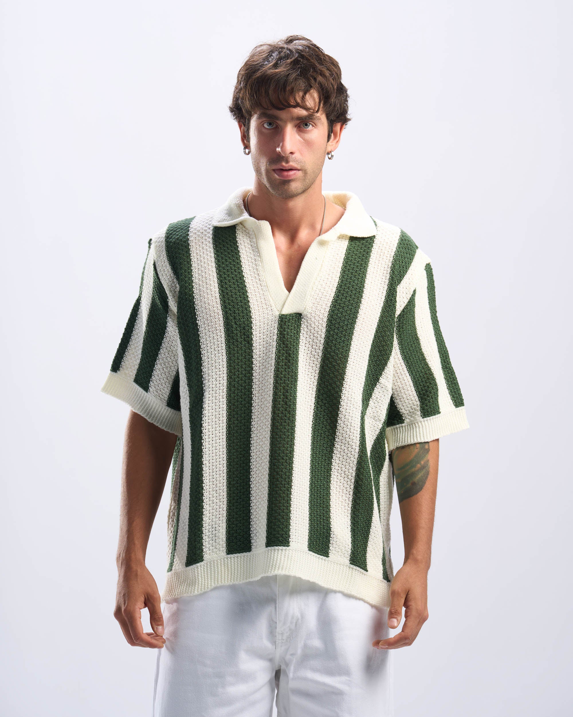 Olive Stripped Polo Knitted Tee