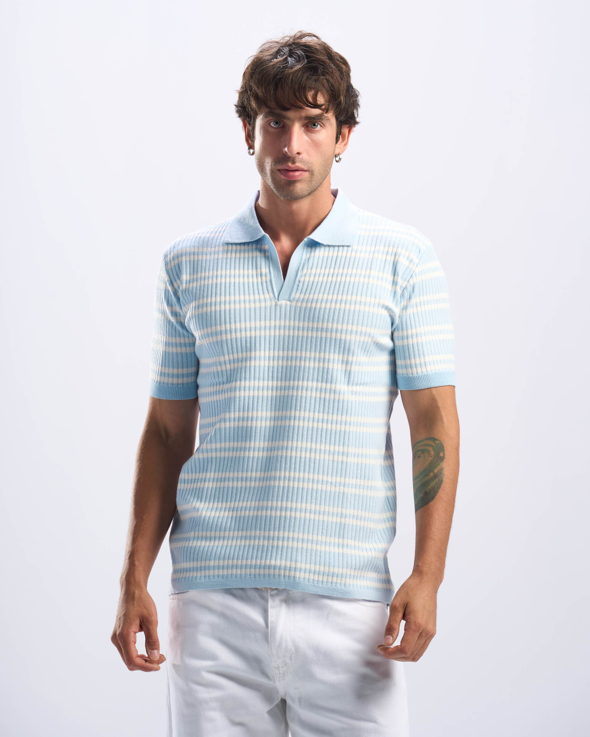 White x Baby Blue Stripped Cotton Polo Men