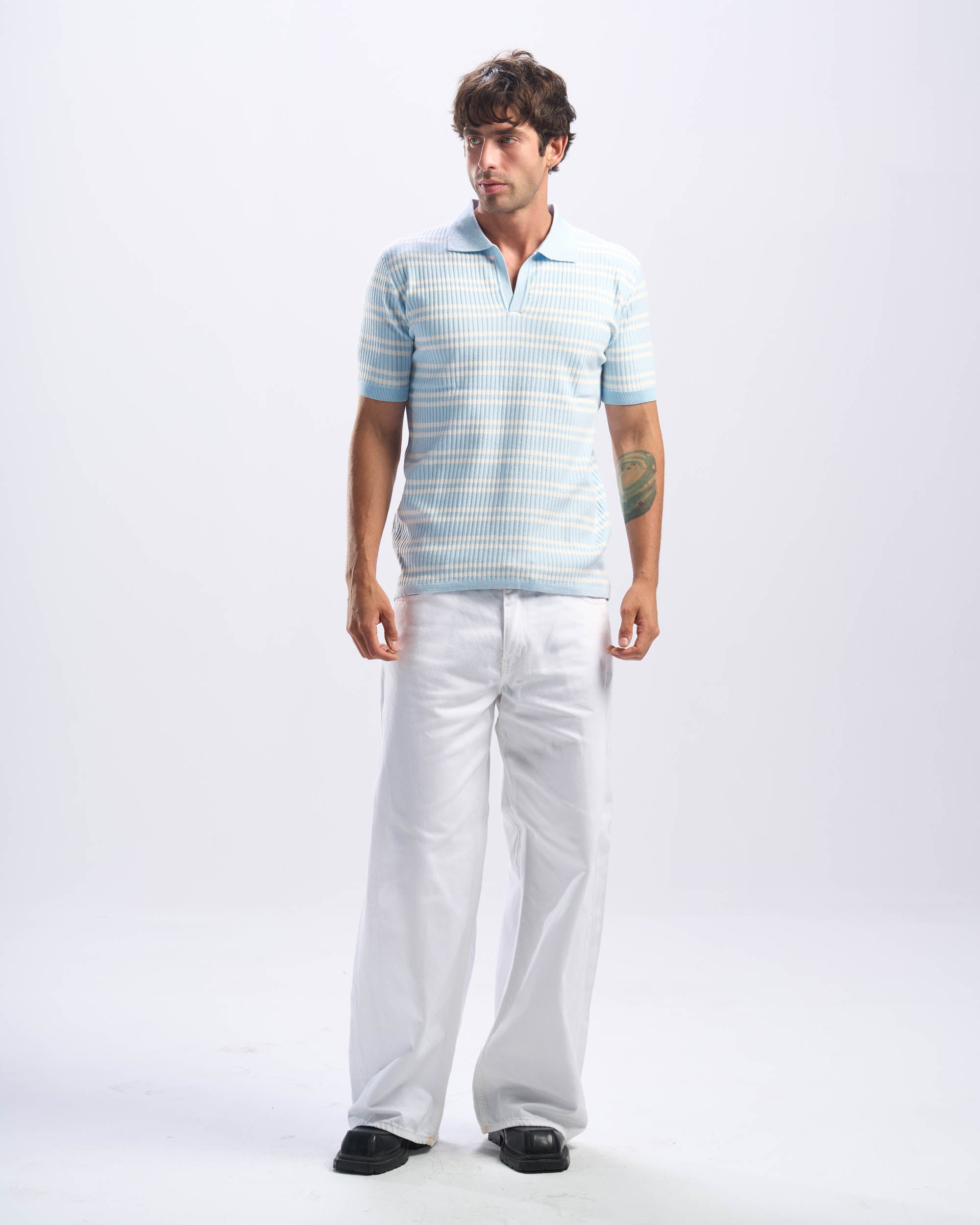 White x Baby Blue Stripped Cotton Polo Men