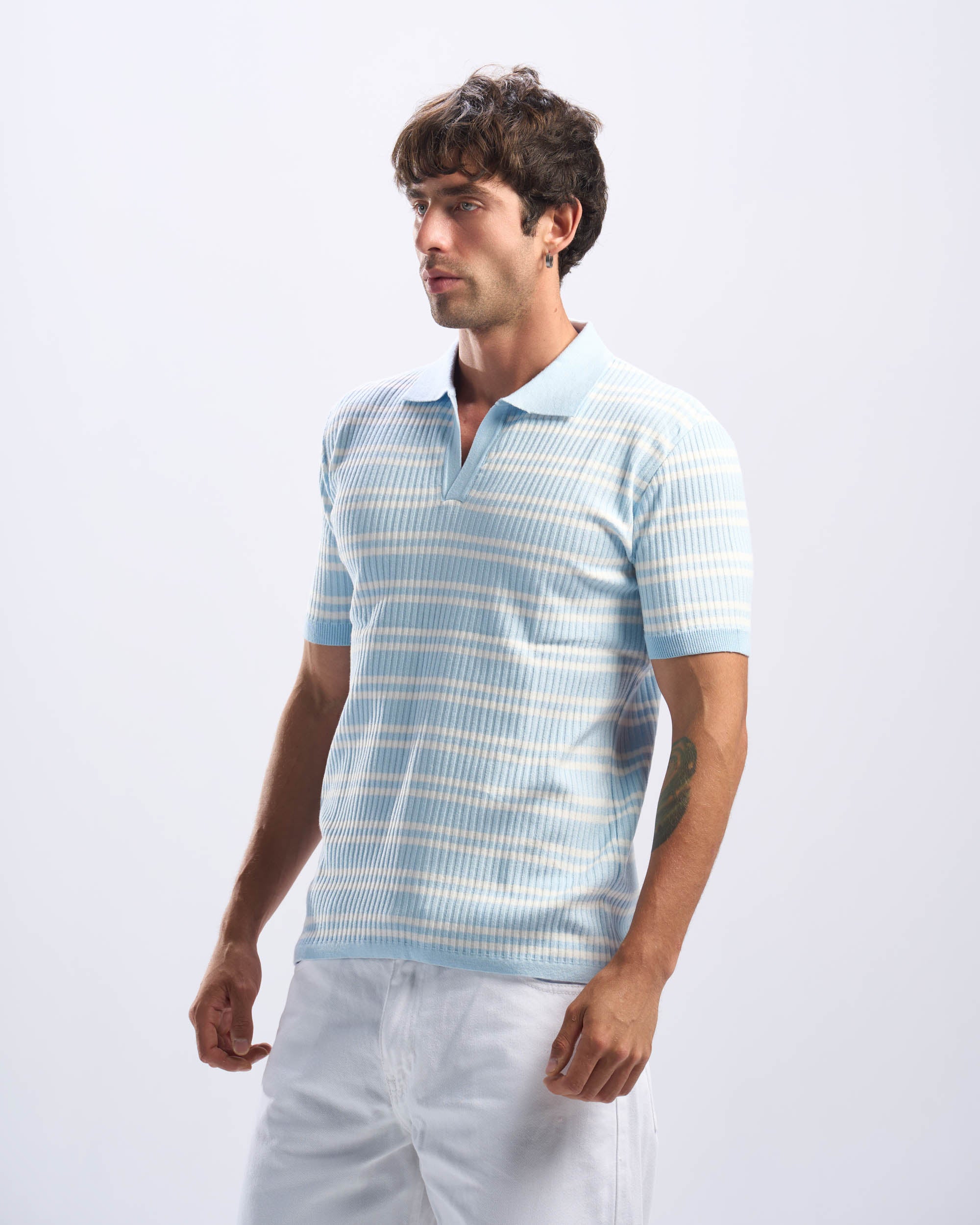 White x Baby Blue Stripped Cotton Polo Men