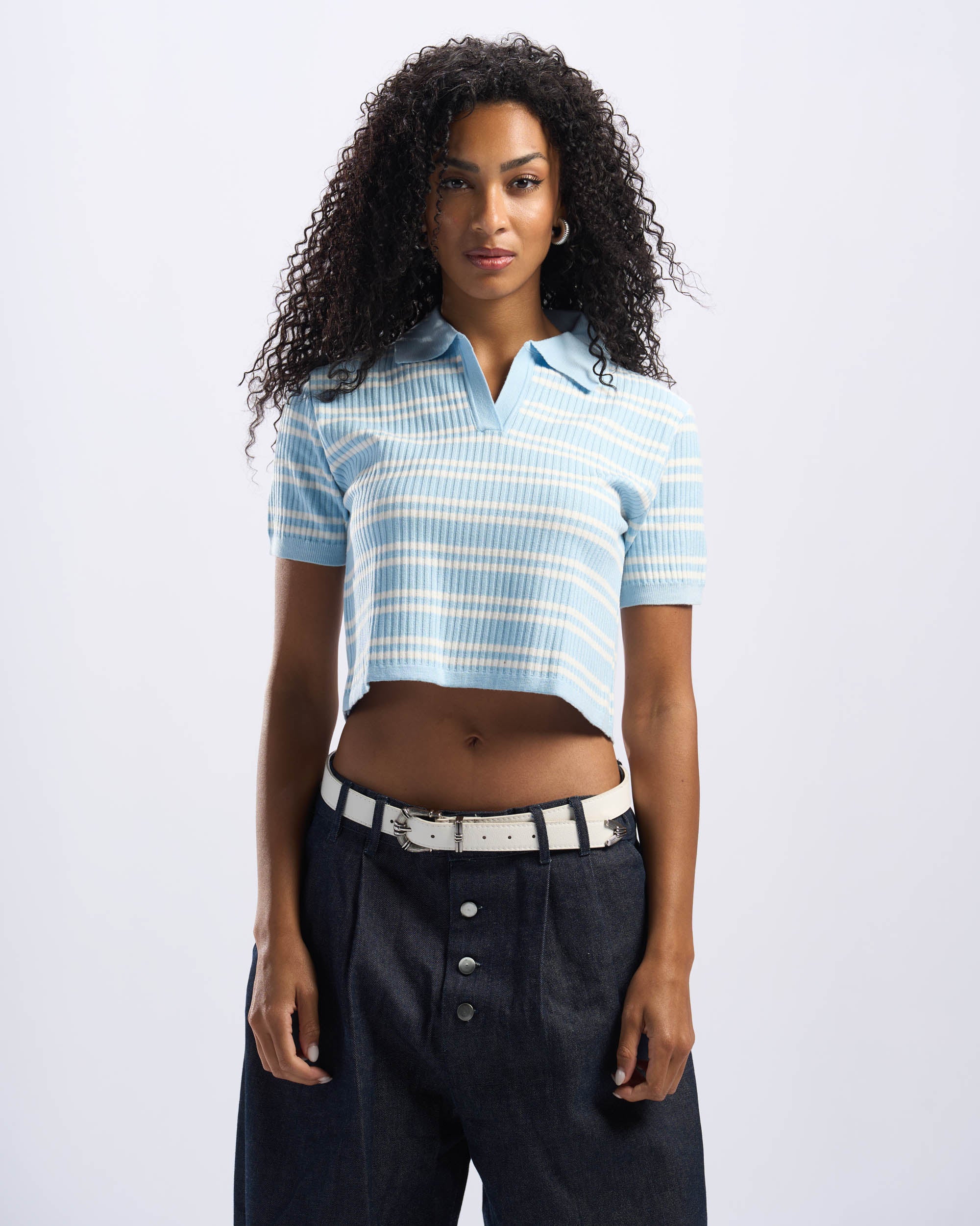 White x Baby Blue Stripped Cotton Polo Women
