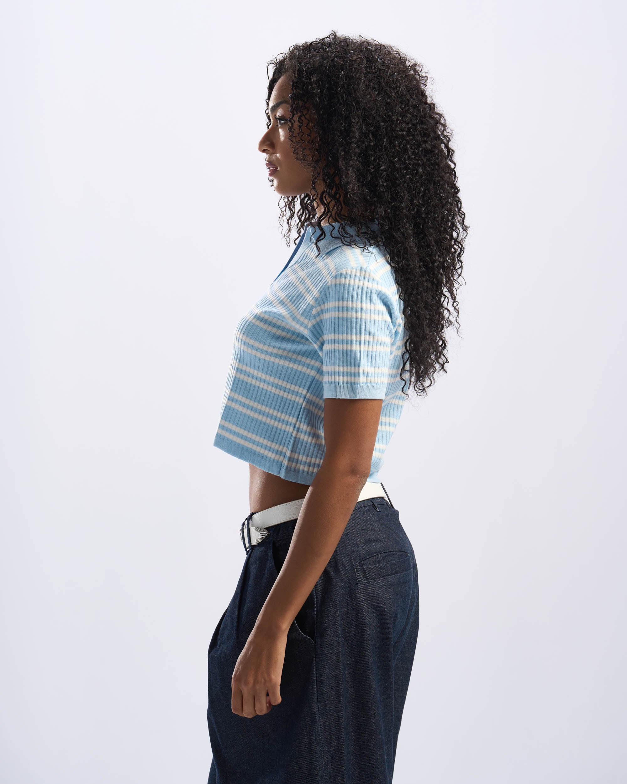 White x Baby Blue Stripped Cotton Polo Women