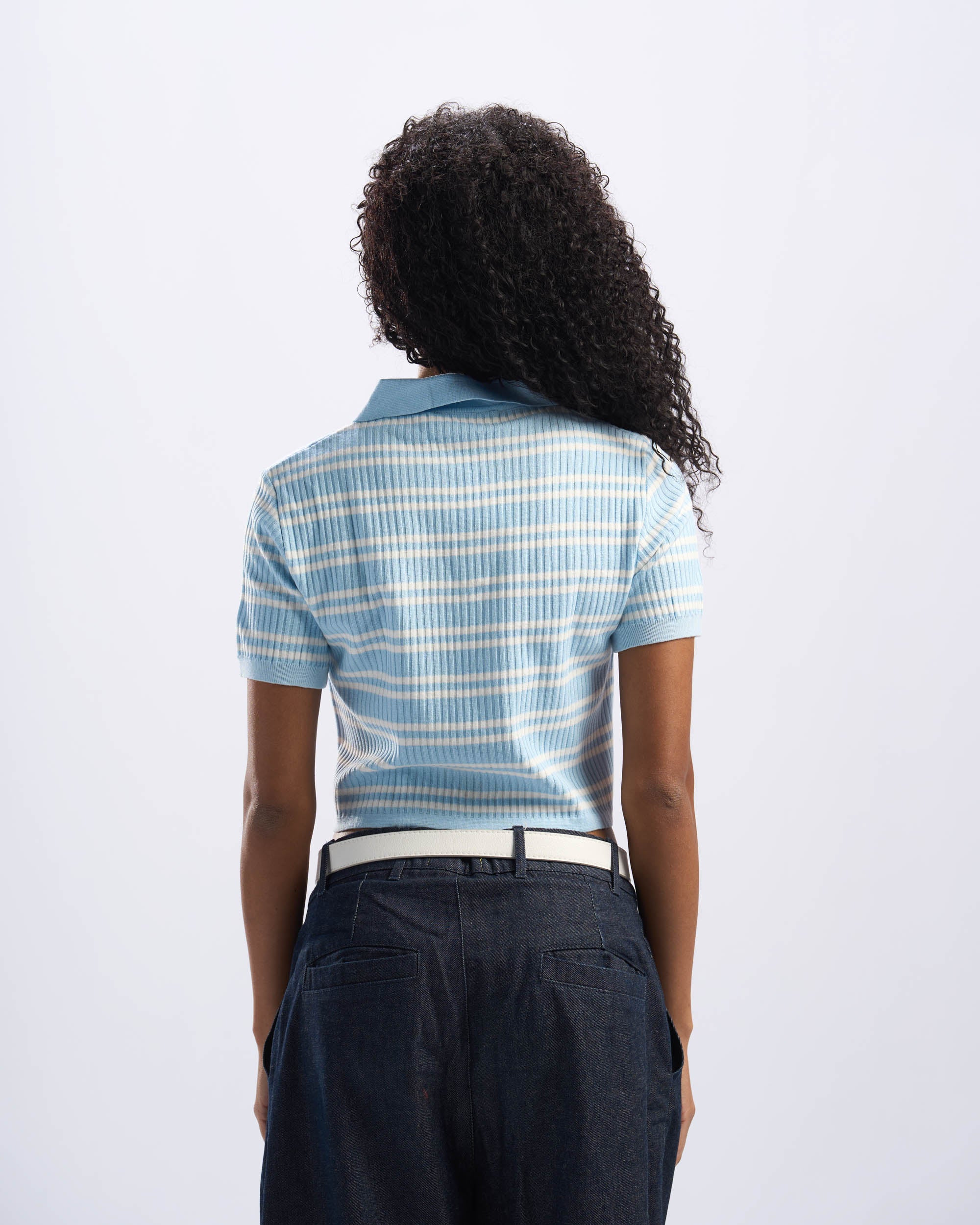 White x Baby Blue Stripped Cotton Polo Women