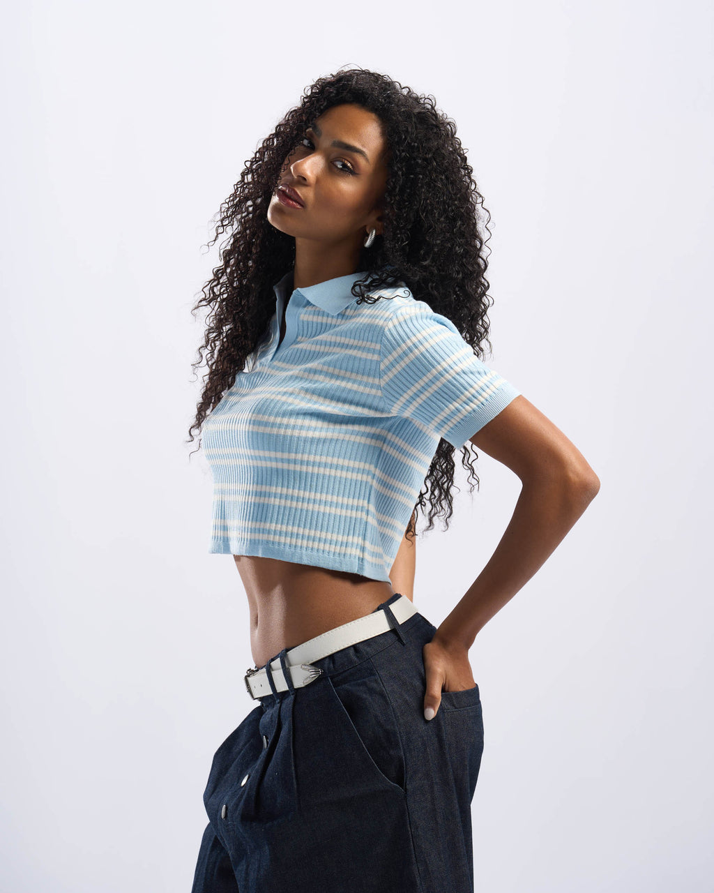 White x Baby Blue Stripped Cotton Polo Women