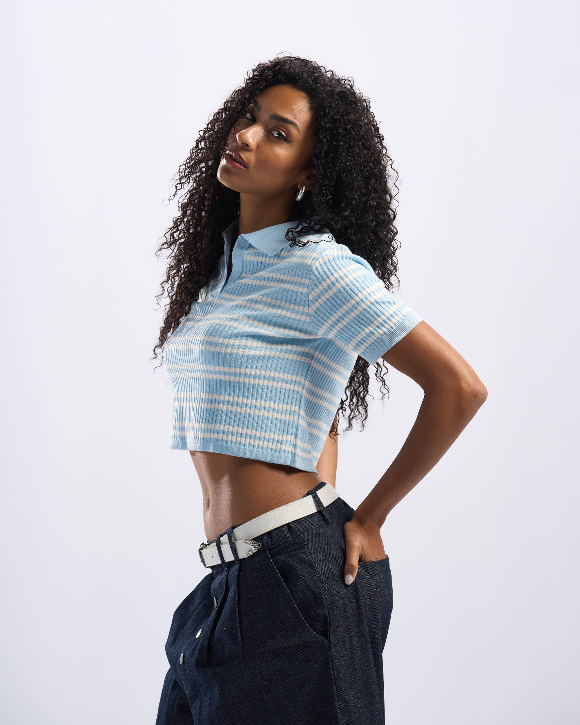 White x Baby Blue Stripped Cotton Polo Women