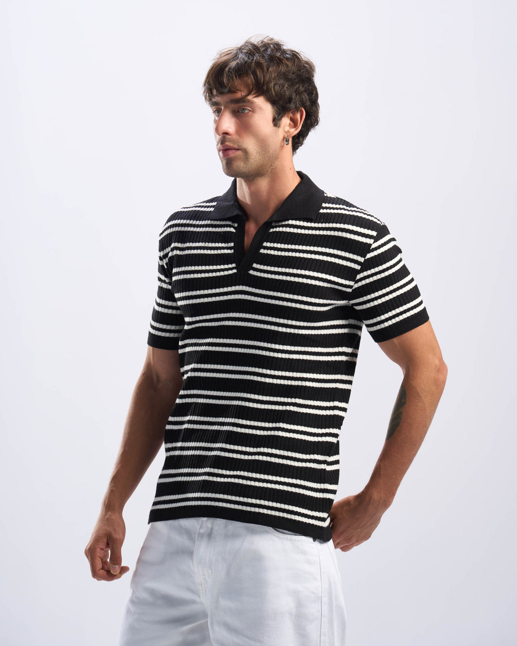 Black Stripped Cotton Polo Men