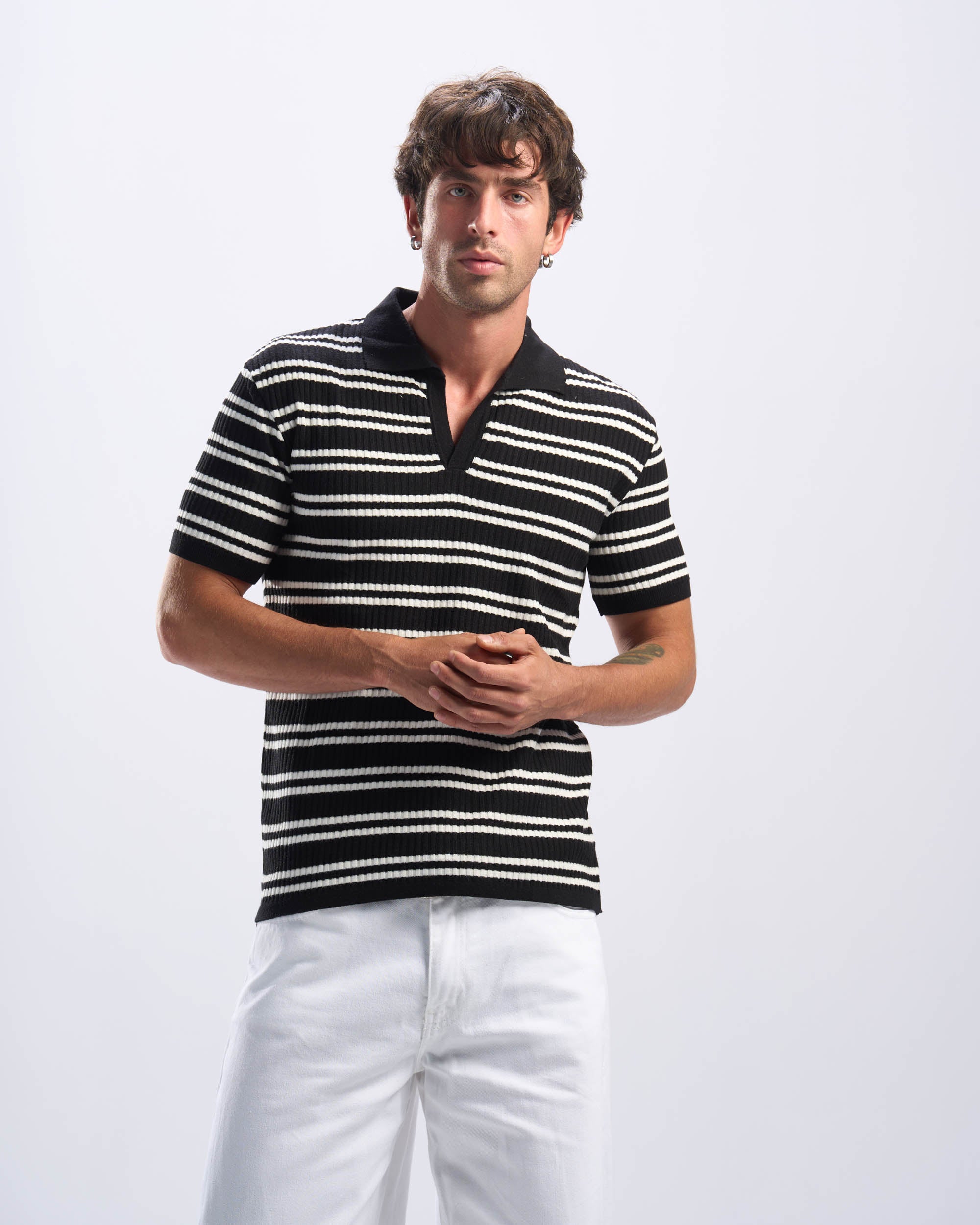Black Stripped Cotton Polo Men