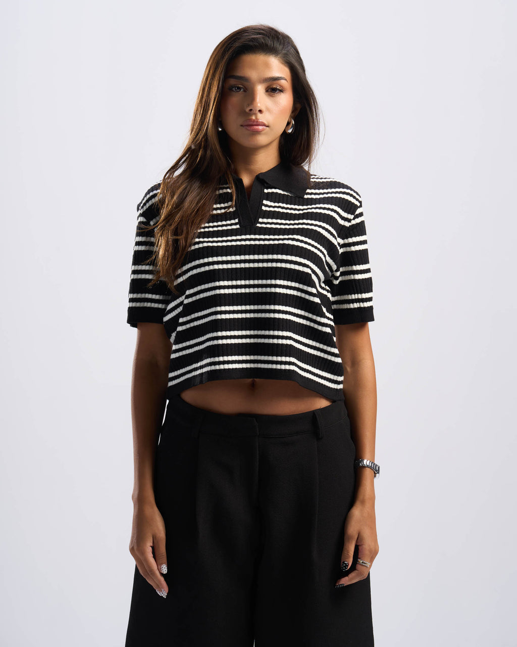 Black Stripped Cotton Polo Women