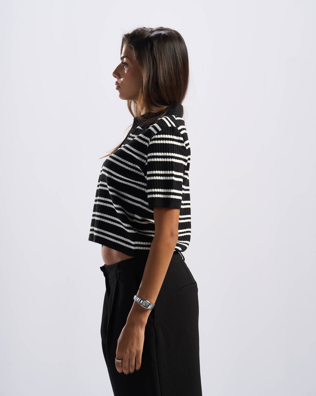 Black Stripped Cotton Polo Women