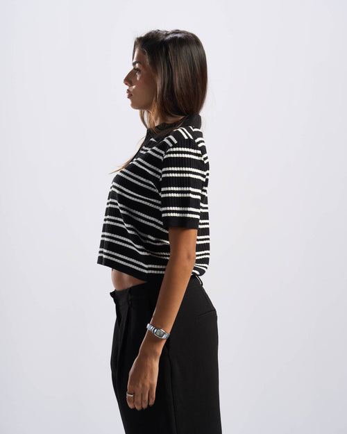 Black Stripped Cotton Polo Women