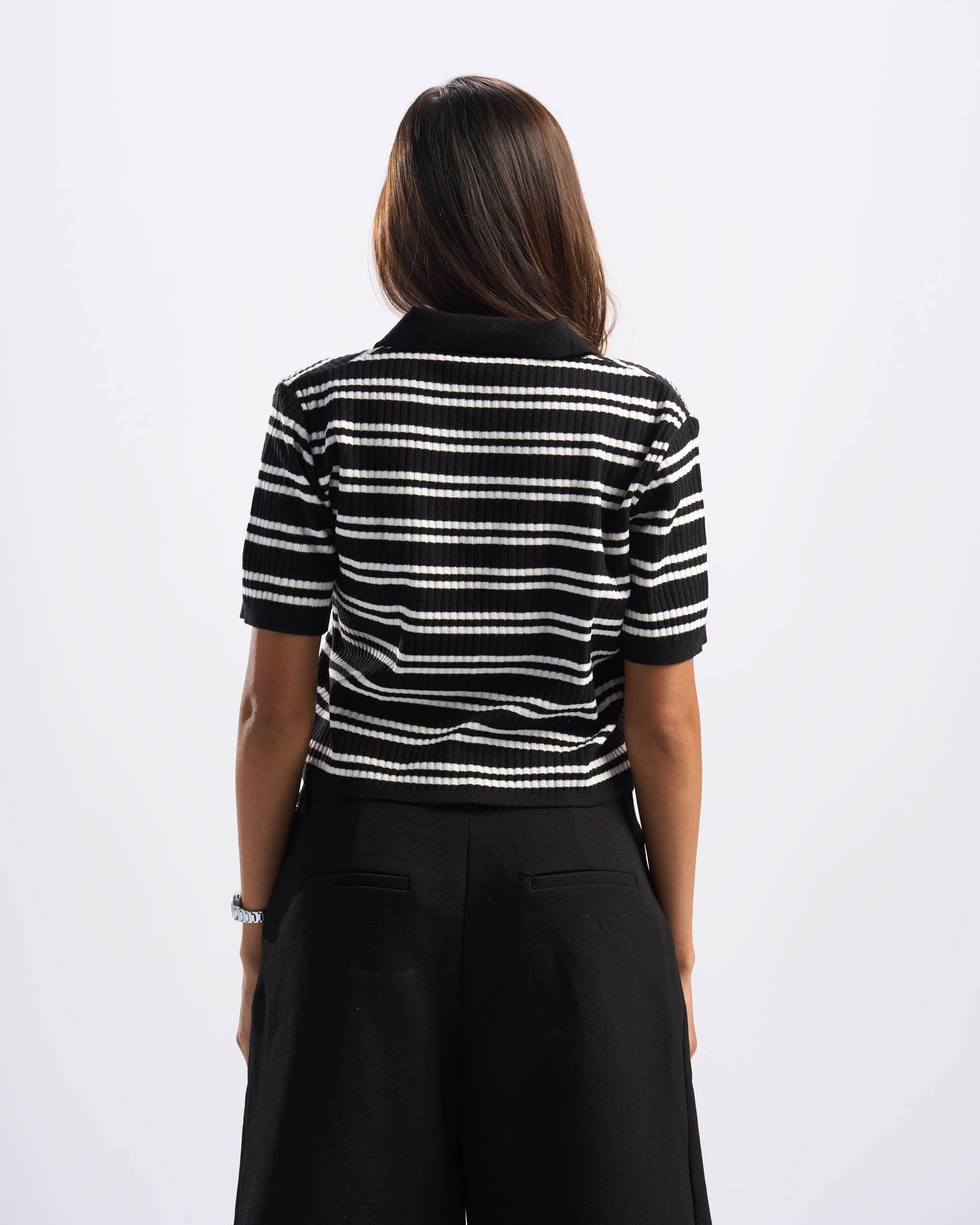 Black Stripped Cotton Polo Women