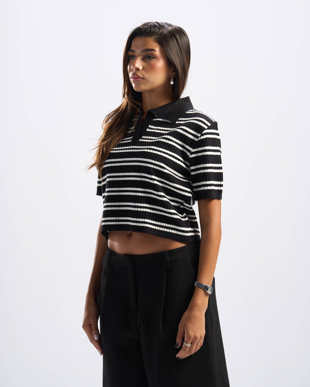 Black Stripped Cotton Polo Women