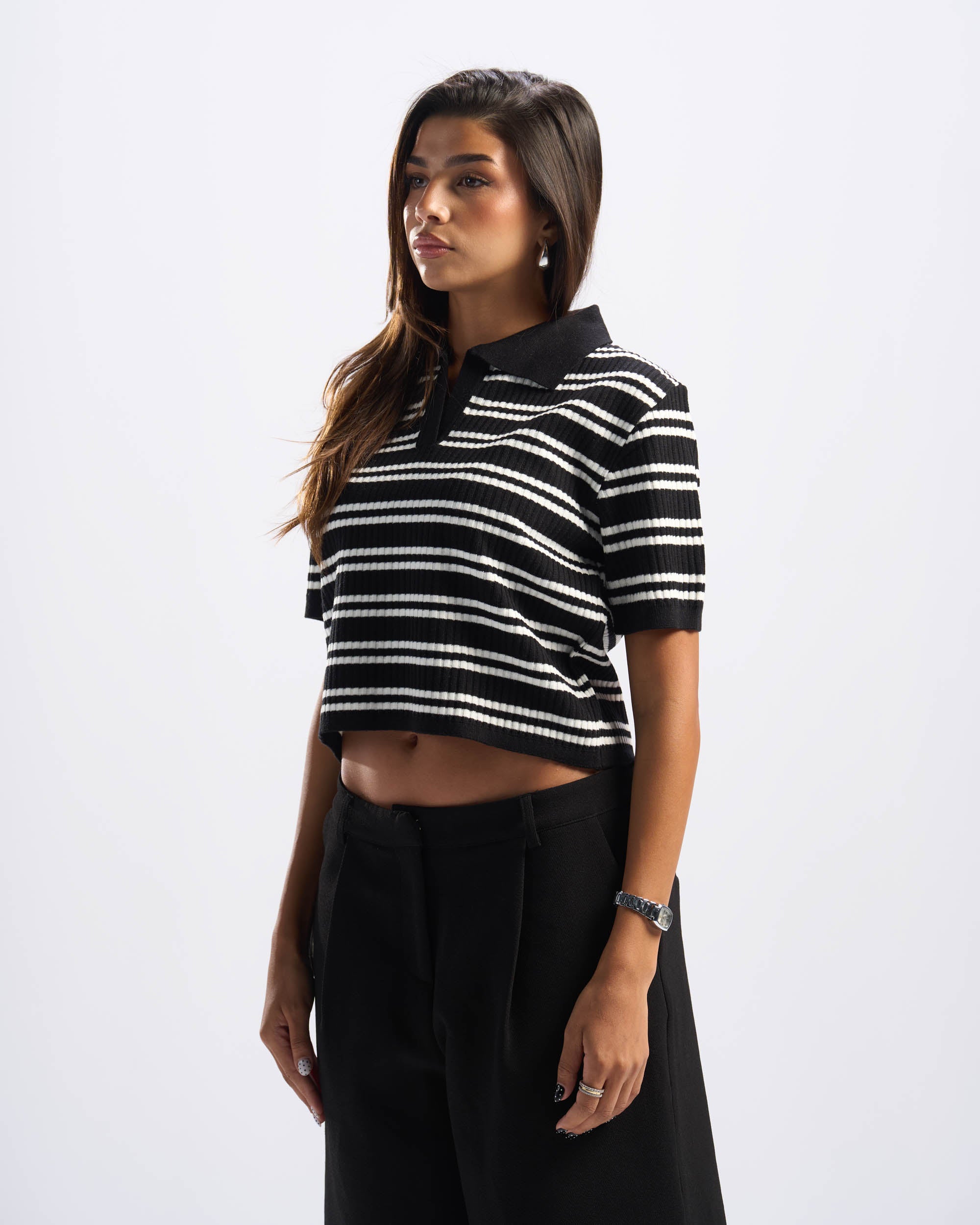 Black Stripped Cotton Polo Women