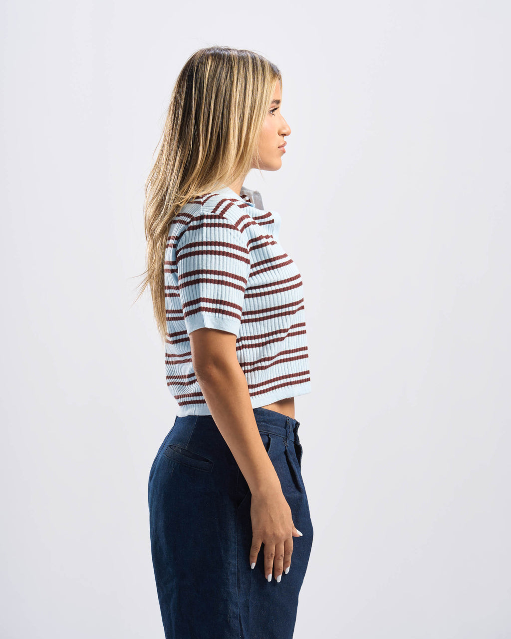 Brown x Baby Blue Stripped Cotton Polo Women
