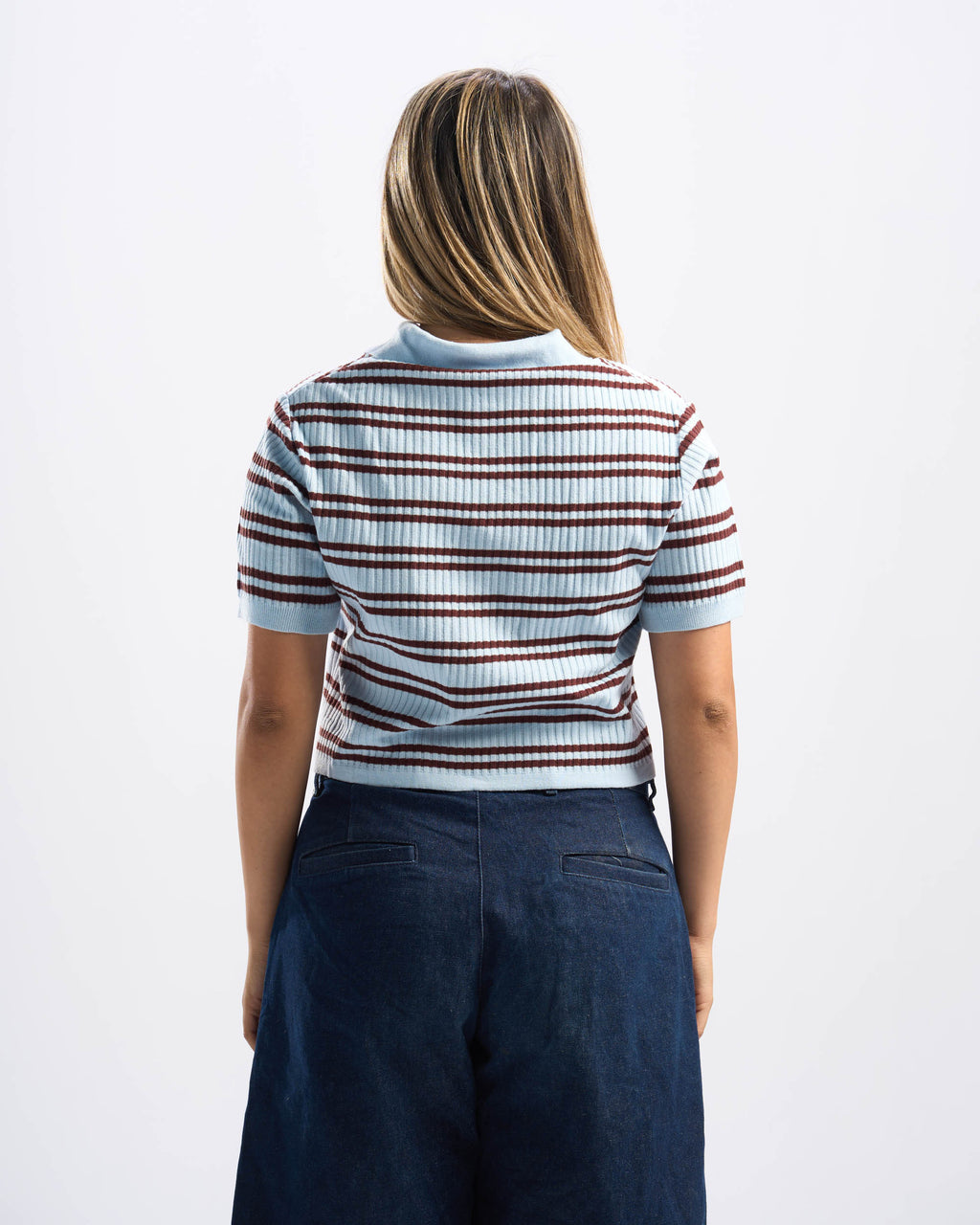 Brown x Baby Blue Stripped Cotton Polo Women