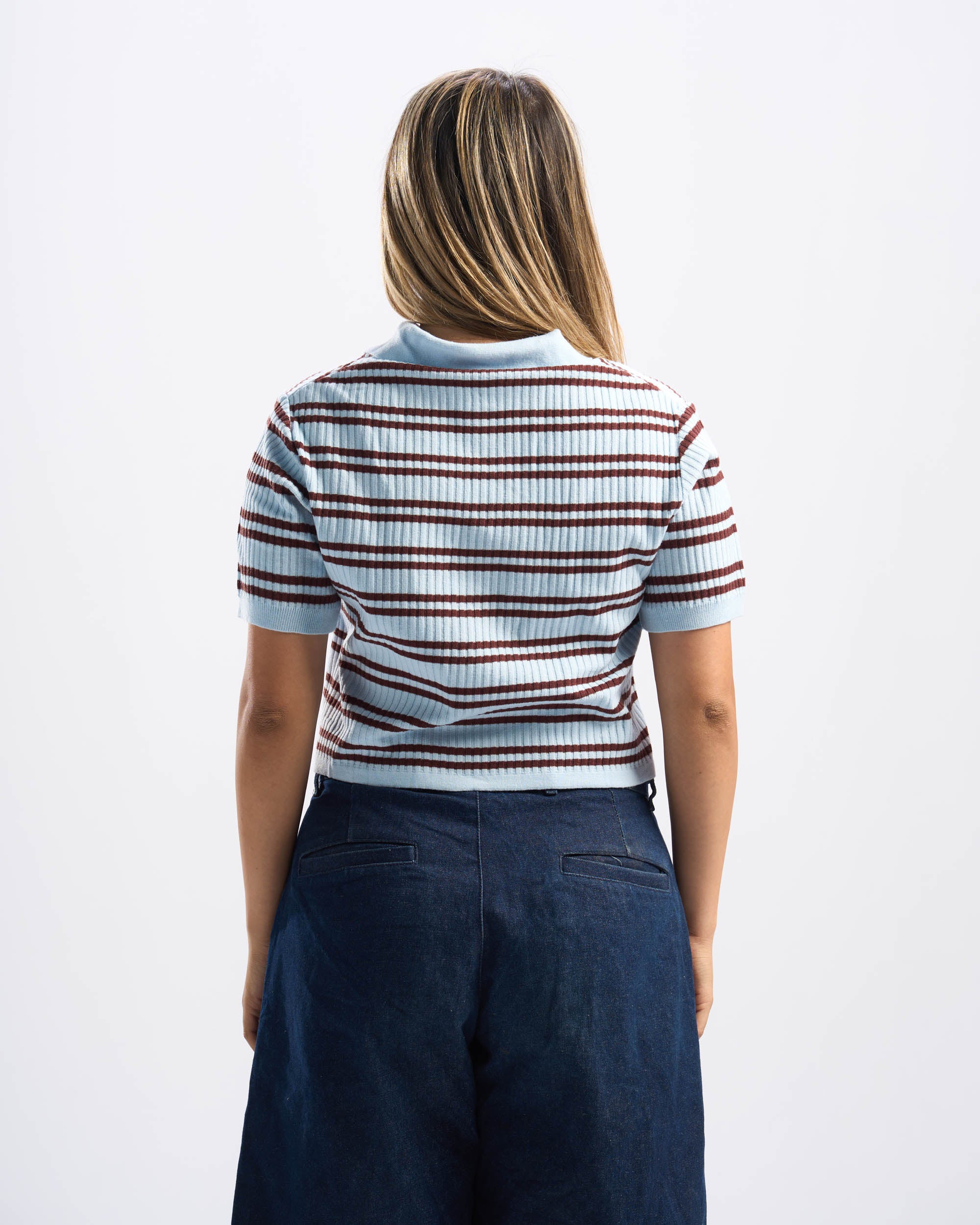 Brown x Baby Blue Stripped Cotton Polo Women
