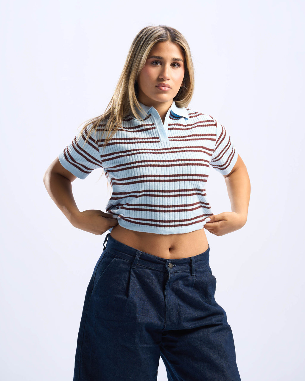 Brown x Baby Blue Stripped Cotton Polo Women