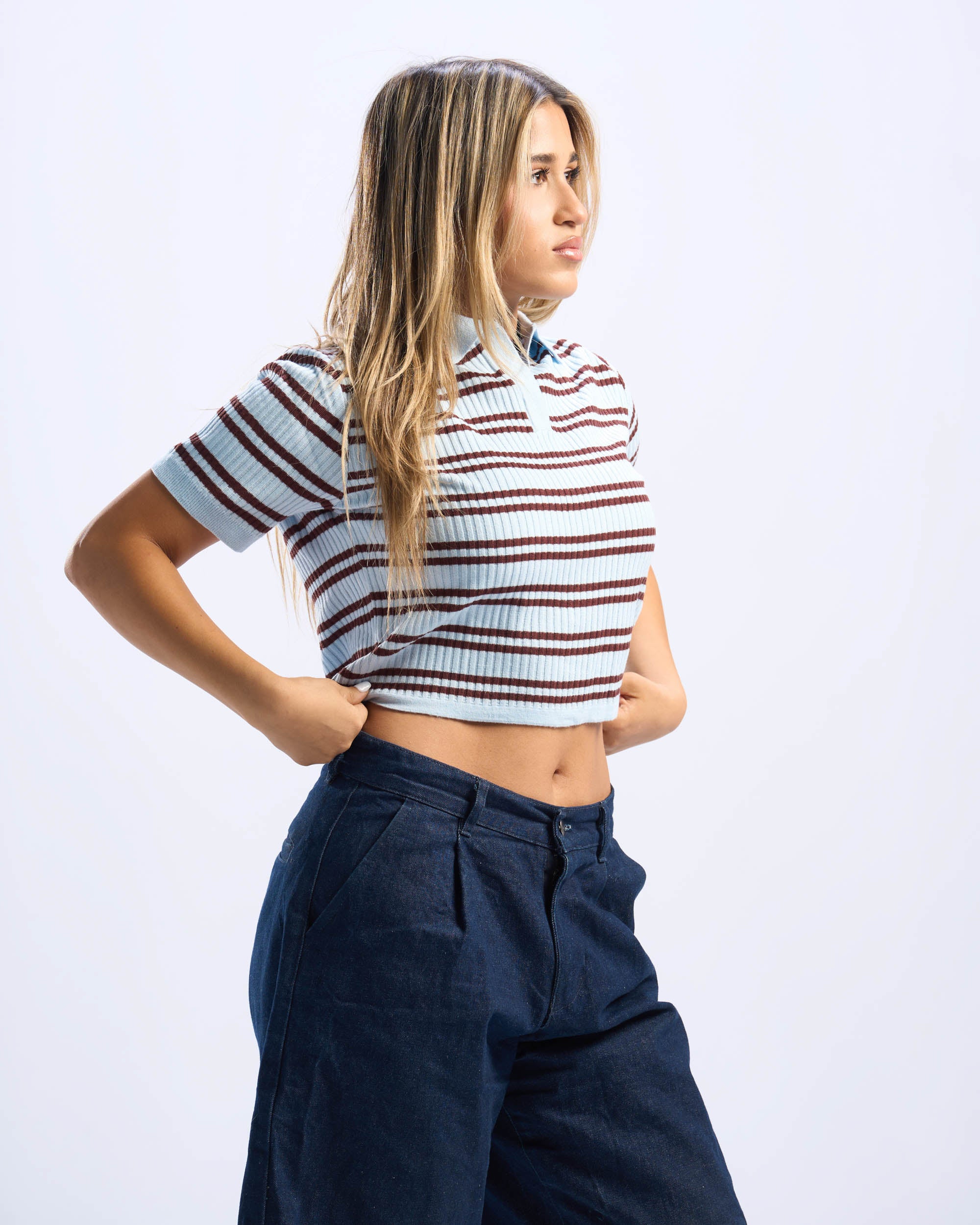 Brown x Baby Blue Stripped Cotton Polo Women