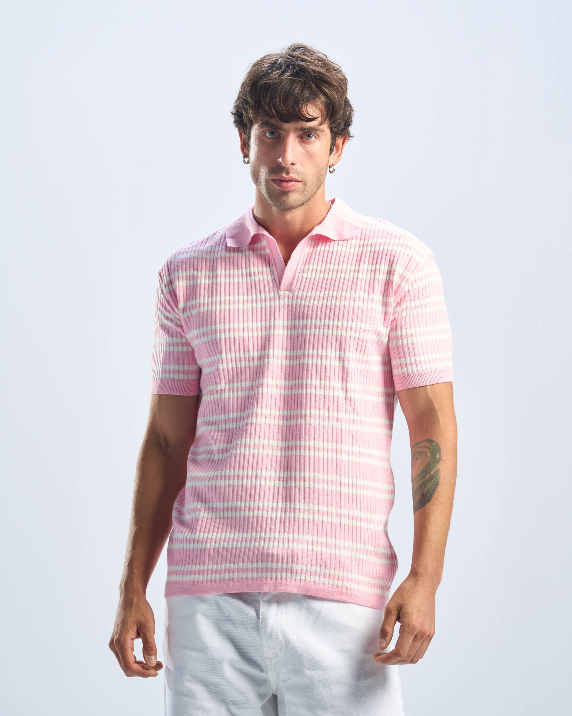 Pink Stripped Cotton Polo Men
